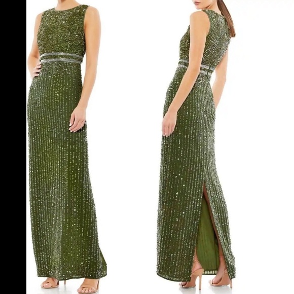 MAC DUGGAL 93603 SEQUINED HIGH NECK SLEEVELESS COLUMN GOWN olive‎ green sz 8